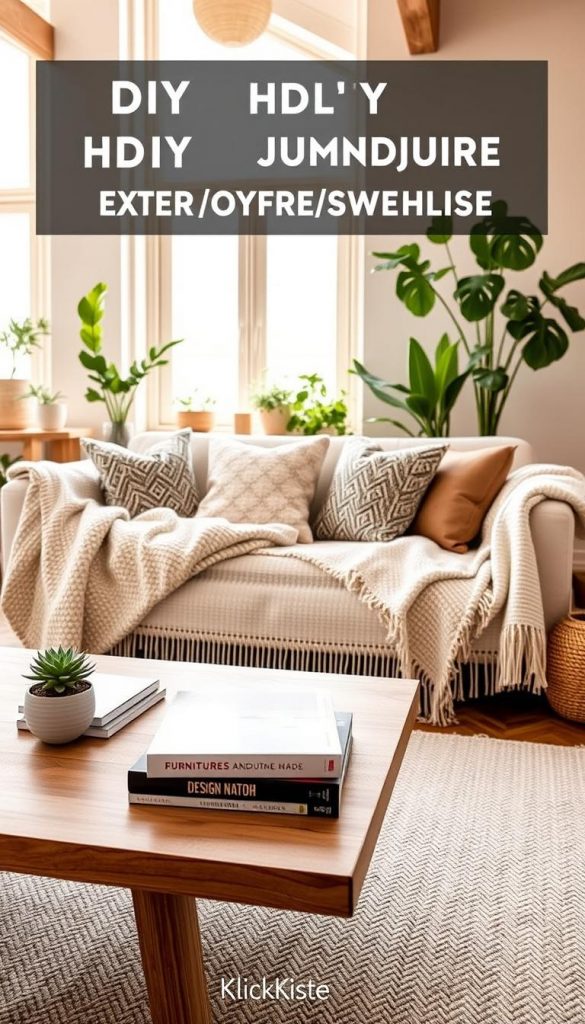 A beautifully styled interior space featuring a modern, natural, Boho, and Scandinavian fusion. In the foreground, a chic wooden coffee table adorned with a small potted succulent and a stack of design books. The middle layer showcases a cozy sofa with patterned throw pillows, surrounded by soft, textured blankets, and a handwoven rug. In the background, large windows let in warm, natural light, illuminating plants and minimalistic decor. The atmosphere feels inviting and inspiring, exuding a Pinterest-worthy aesthetic. The color palette incorporates earthy tones and soft pastels, enhancing the DIY spirit. Designed for "KlickKiste," this image captures the essence of stylish furniture upgrades, blending comfort with creativity. A beautifully styled interior space featuring a modern, natural, Boho, and Scandinavian fusion. In the foreground, a chic wooden coffee table adorned with a small potted succulent and a stack of design books. The middle layer showcases a cozy sofa with patterned throw pillows, surrounded by soft, textured blankets, and a handwoven rug. In the background, large windows let in warm, natural light, illuminating plants and minimalistic decor. The atmosphere feels inviting and inspiring, exuding a Pinterest-worthy aesthetic. The color palette incorporates earthy tones and soft pastels, enhancing the DIY spirit. Designed for "KlickKiste," this image captures the essence of stylish furniture upgrades, blending comfort with creativity.