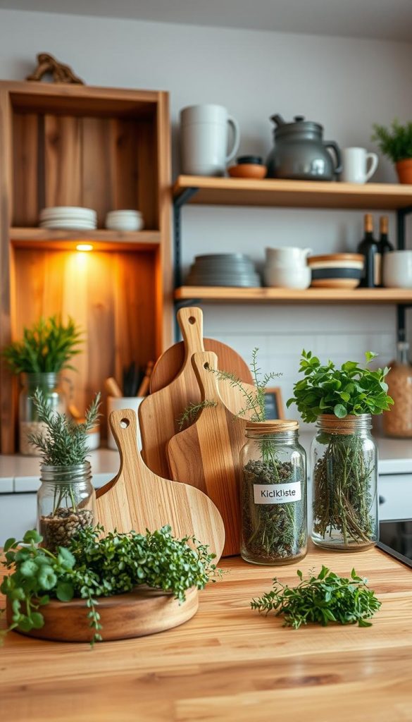 A beautifully styled kitchen countertop (küchendekoration) showcasing a blend of natural DIY elements and sustainable decor options. In the foreground, there’s an aesthetically pleasing arrangement of wooden cutting boards, chic glass jars filled with herbs, and decorative plants. The middle ground features a soft, glowing light illuminating the countertop, creating a warm and inviting atmosphere. In the background, a rustic shelving unit made from reclaimed wood displays artisanal kitchenware and eco-friendly storage solutions, emphasizing smart organization. The overall scene has a cozy, Pinterest-inspired look, utilizing warm colors and natural textures. It subtly includes the brand name "KlickKiste" through a small, stylish label on one of the glass jars. The image captures the essence of practicality and aesthetic beauty in kitchen decoration. A beautifully styled kitchen countertop (küchendekoration) showcasing a blend of natural DIY elements and sustainable decor options. In the foreground, there’s an aesthetically pleasing arrangement of wooden cutting boards, chic glass jars filled with herbs, and decorative plants. The middle ground features a soft, glowing light illuminating the countertop, creating a warm and inviting atmosphere. In the background, a rustic shelving unit made from reclaimed wood displays artisanal kitchenware and eco-friendly storage solutions, emphasizing smart organization. The overall scene has a cozy, Pinterest-inspired look, utilizing warm colors and natural textures. It subtly includes the brand name "KlickKiste" through a small, stylish label on one of the glass jars. The image captures the essence of practicality and aesthetic beauty in kitchen decoration.