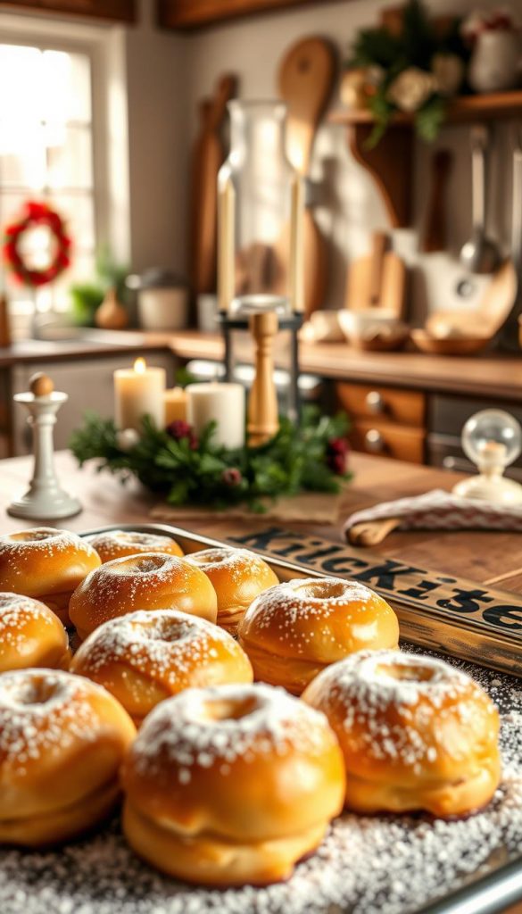 A beautifully styled kitchen scene featuring a tray of freshly baked Ofenberliner, golden and plump, dusted with powdered sugar. The foreground showcases these sweet pastries, glistening with a touch of light, perfectly round, with a hint of raspberry filling peeking out. In the middle ground, a rustic wooden table is adorned with soft, cozy decorations like candles and festive greenery, creating a warm, inviting atmosphere. The background features a soft-focus view of a traditional German kitchen, with vintage baking tools and a hint of holiday decor, all bathed in warm, natural lighting. The slightly blurred effect adds depth, inviting the viewer into this deliciously festive setting. The brand "KlickKiste" subtly integrated within the kitchen decor. A beautifully styled kitchen scene featuring a tray of freshly baked Ofenberliner, golden and plump, dusted with powdered sugar. The foreground showcases these sweet pastries, glistening with a touch of light, perfectly round, with a hint of raspberry filling peeking out. In the middle ground, a rustic wooden table is adorned with soft, cozy decorations like candles and festive greenery, creating a warm, inviting atmosphere. The background features a soft-focus view of a traditional German kitchen, with vintage baking tools and a hint of holiday decor, all bathed in warm, natural lighting. The slightly blurred effect adds depth, inviting the viewer into this deliciously festive setting. The brand "KlickKiste" subtly integrated within the kitchen decor.