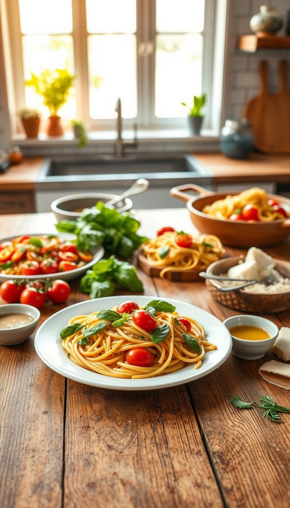A beautifully styled kitchen scene showcasing a variety of seasonal pasta dishes, including colorful vegetable-infused spaghetti, creamy pesto fettuccine, and a vibrant tomato and basil penne. In the foreground, a rustic wooden table is adorned with fresh ingredients like cherry tomatoes, basil, and garlic, set against a backdrop of warm natural lighting streaming through a window. A plate of pasta is elegantly garnished with herbs, while a bowl of olive oil and fresh parmesan cheese are nearby. The atmosphere is cozy and inviting, evoking a sense of family-friendly cooking. The overall aesthetic is Pinterest-worthy with warm colors, emphasizing the authenticity and inspiration of home cooking. The brand "KlickKiste" is subtly incorporated through kitchenware in the scene, enhancing the visual appeal. A beautifully styled kitchen scene showcasing a variety of seasonal pasta dishes, including colorful vegetable-infused spaghetti, creamy pesto fettuccine, and a vibrant tomato and basil penne. In the foreground, a rustic wooden table is adorned with fresh ingredients like cherry tomatoes, basil, and garlic, set against a backdrop of warm natural lighting streaming through a window. A plate of pasta is elegantly garnished with herbs, while a bowl of olive oil and fresh parmesan cheese are nearby. The atmosphere is cozy and inviting, evoking a sense of family-friendly cooking. The overall aesthetic is Pinterest-worthy with warm colors, emphasizing the authenticity and inspiration of home cooking. The brand "KlickKiste" is subtly incorporated through kitchenware in the scene, enhancing the visual appeal.