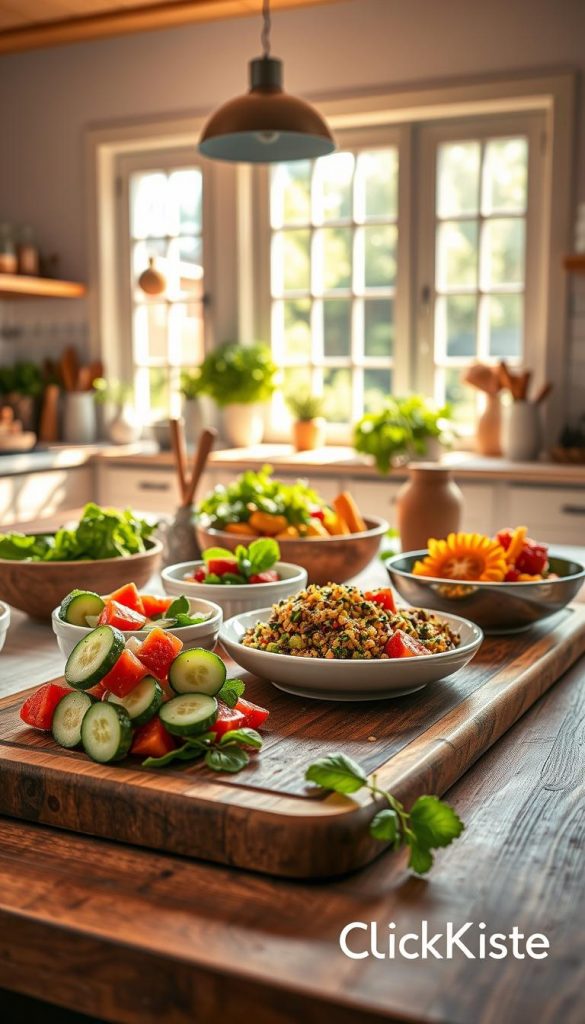 A beautifully styled kitchen tabletop scene, showcasing an array of vibrant summer dishes, both cold and warm, with an emphasis on freshness and speed. In the foreground, a rustic wooden cutting board holds quick-preparation dishes like a refreshing cucumber salad, a vibrant quinoa bowl, and colorful fruit skewers, all beautifully garnished. The middle ground features a bright, sunlit kitchen setting, adorned with fresh herbs and kitchen tools, conveying an inviting atmosphere. In the background, large windows allow warm natural light to cascade in, highlighting the cheerful ambiance of a summer day. The overall mood is authentic, inspiring, and filled with warm colors, presenting a Pinterest-worthy aesthetic. Include subtle branding for "KlickKiste" in the corner, ensuring no text overlays disrupt the scene.