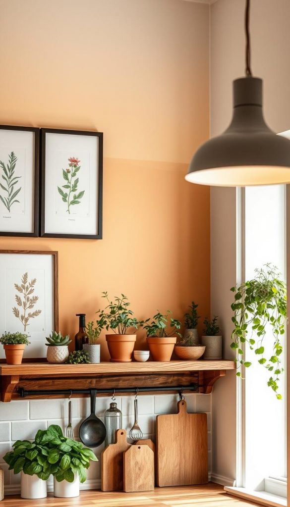 A beautifully styled kitchen wall featuring a "wand konzept" design by KlickKiste, showcasing a harmonious blend of natural materials and DIY aesthetics. In the foreground, a series of framed botanical prints hang over a rustic wooden shelf adorned with potted herbs and decorative kitchen items. The middle section captures an inviting arrangement with warm-toned wall paint, accentuated by comfortable, high-quality lighting that creates a cozy atmosphere. In the background, soft, diffused natural light filters through a nearby window, illuminating the space and enhancing the warm color palette. The entire scene embodies an inspiring, Pinterest-like vibe perfect for kitchen decor ideas.