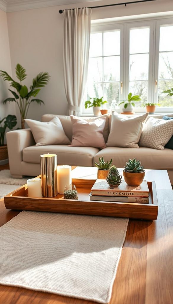 A beautifully styled living room centerpiece featuring a modern "couchtisch" by KlickKiste, adorned with a creative and inviting table arrangement. In the foreground, the couchtisch has a soft, textured runner, accompanied by a warm wooden tray filled with small decorative items like candles, succulents, and a stylish coffee table book. The middle of the image includes a cozy sofa with plush cushions in soft pastel shades, inviting relaxation. In the background, a brightly lit window allows natural sunlight to flood the room, accentuating the warm colors and creating a tranquil atmosphere. The room should embody a DIY aesthetic, with accents of greenery and natural elements, inspiring a fresh, spring vibe, reminiscent of Pinterest home decor inspiration. A beautifully styled living room centerpiece featuring a modern "couchtisch" by KlickKiste, adorned with a creative and inviting table arrangement. In the foreground, the couchtisch has a soft, textured runner, accompanied by a warm wooden tray filled with small decorative items like candles, succulents, and a stylish coffee table book. The middle of the image includes a cozy sofa with plush cushions in soft pastel shades, inviting relaxation. In the background, a brightly lit window allows natural sunlight to flood the room, accentuating the warm colors and creating a tranquil atmosphere. The room should embody a DIY aesthetic, with accents of greenery and natural elements, inspiring a fresh, spring vibe, reminiscent of Pinterest home decor inspiration.