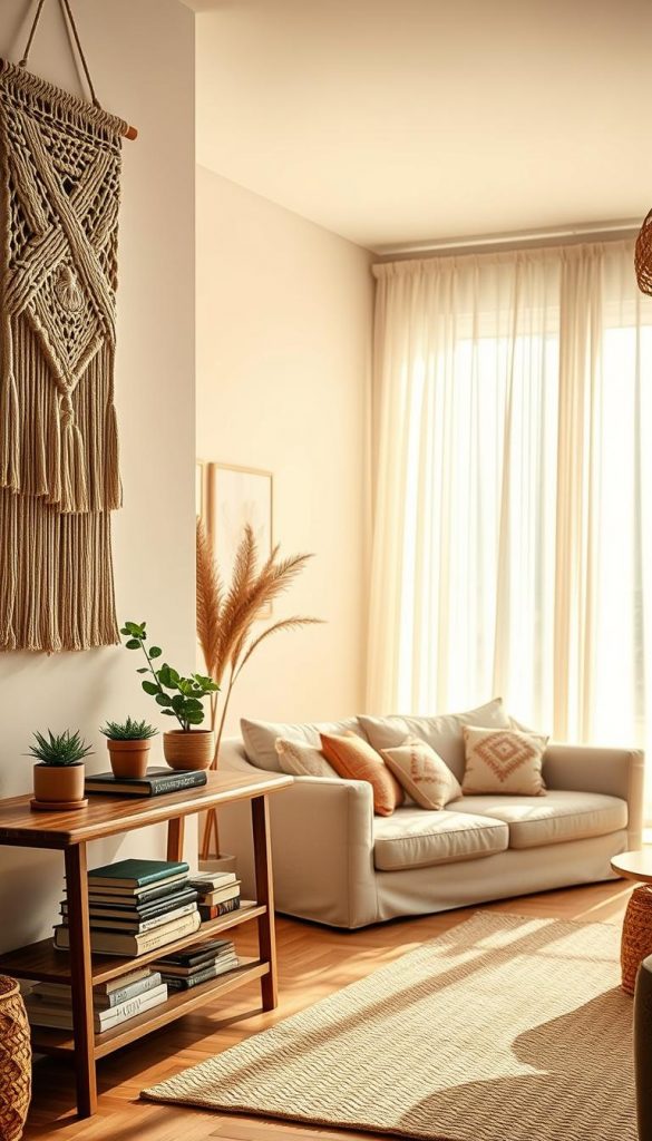 A beautifully styled living room featuring macrame wall hangings, embodying a cozy Bohemian flair. In the foreground, a textured macrame piece with intricate knots hangs gracefully above a wooden console table adorned with small potted plants and stacked books. The middle of the scene reveals a soft, neutral-colored sofa with decorative throw pillows, invitingly placed on a woven rug. In the background, light floods the space through large, airy windows draped with sheer curtains, enhancing the warm color palette. The overall atmosphere is authentic and inspiring, evoking a sense of comfort and creativity. The lighting should be soft and warm, capturing the essence of natural DIY decor, reminiscent of a Pinterest board aesthetic. Include subtle branding for "KlickKiste" in the decor elements.