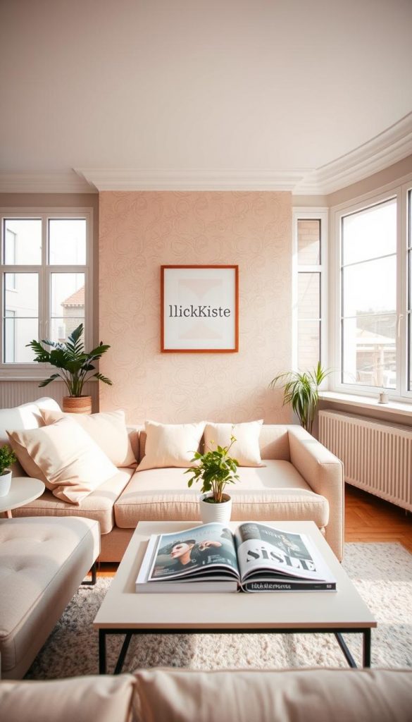A beautifully styled living room in a rented apartment, showcasing a bright and airy atmosphere. The foreground features a cozy couch adorned with soft, neutral-colored pillows. On the side table, a small potted plant adds a touch of greenery. In the middle, an elegant wallpaper design from KlickKiste, with a subtle floral pattern in warm pastel tones, creates a welcoming backdrop. A stylish coffee table with magazines and decor items sits in front of the couch. In the background, large windows allow natural light to flood in, illuminating the space. The angle captures the room from a slight upward view to enhance the feeling of openness. The mood is warm, inviting, and inspirational, perfect for a DIY home upgrade aesthetic with a Pinterest-like quality.
