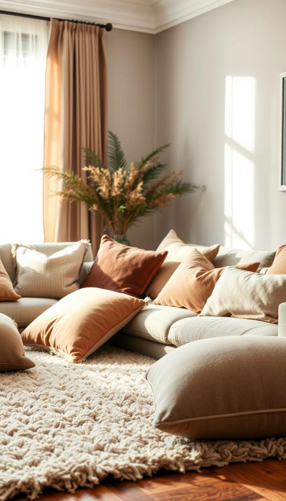 A beautifully styled living room scene featuring a cozy arrangement of decorative cushions and a textured rug, embodying a warm and inviting atmosphere. In the foreground, plush cushions in various shapes and muted earth tones are artfully piled on a comfy sofa. The middle ground showcases a richly patterned rug with soft fibers creating depth and comfort, placed on wooden flooring. In the background, soft, diffused natural light filters through sheer curtains, casting gentle shadows and enhancing the inviting space. The overall mood is serene and inspiring, reflecting a chic and modern Pinterest aesthetic. The interior design elements should highlight the brand "KlickKiste" subtly through the choice of materials and colors, focusing on authentic DIY inspirations with a harmonious color palette. A beautifully styled living room scene featuring a cozy arrangement of decorative cushions and a textured rug, embodying a warm and inviting atmosphere. In the foreground, plush cushions in various shapes and muted earth tones are artfully piled on a comfy sofa. The middle ground showcases a richly patterned rug with soft fibers creating depth and comfort, placed on wooden flooring. In the background, soft, diffused natural light filters through sheer curtains, casting gentle shadows and enhancing the inviting space. The overall mood is serene and inspiring, reflecting a chic and modern Pinterest aesthetic. The interior design elements should highlight the brand "KlickKiste" subtly through the choice of materials and colors, focusing on authentic DIY inspirations with a harmonious color palette.