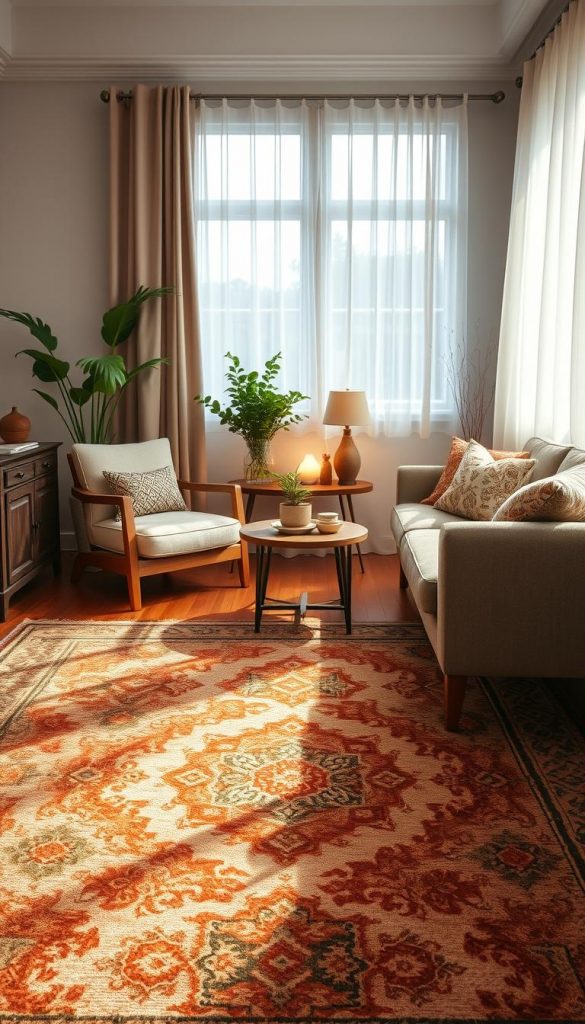 A beautifully styled living room showcase featuring a stunning teppiche as the centerpiece. In the foreground, the teppiche boasts intricate patterns in warm earthy tones, blending shades of terracotta, beige, and deep olive, inviting a cozy atmosphere. Surrounding it, a mix of vintage and modern furniture complements the overall aesthetic—think a contemporary sofa paired with a rustic wooden coffee table. In the middle ground, a small side table holds a potted plant and a softly glowing lamp, enhancing the inviting vibe. In the background, light filters through sheer curtains, casting gentle shadows around the room. The lighting is warm and natural, creating a harmonious and inspiring space ideal for DIY decor ideas. The image reflects a Pinterest-style ambiance, inspired by the brand KlickKiste.