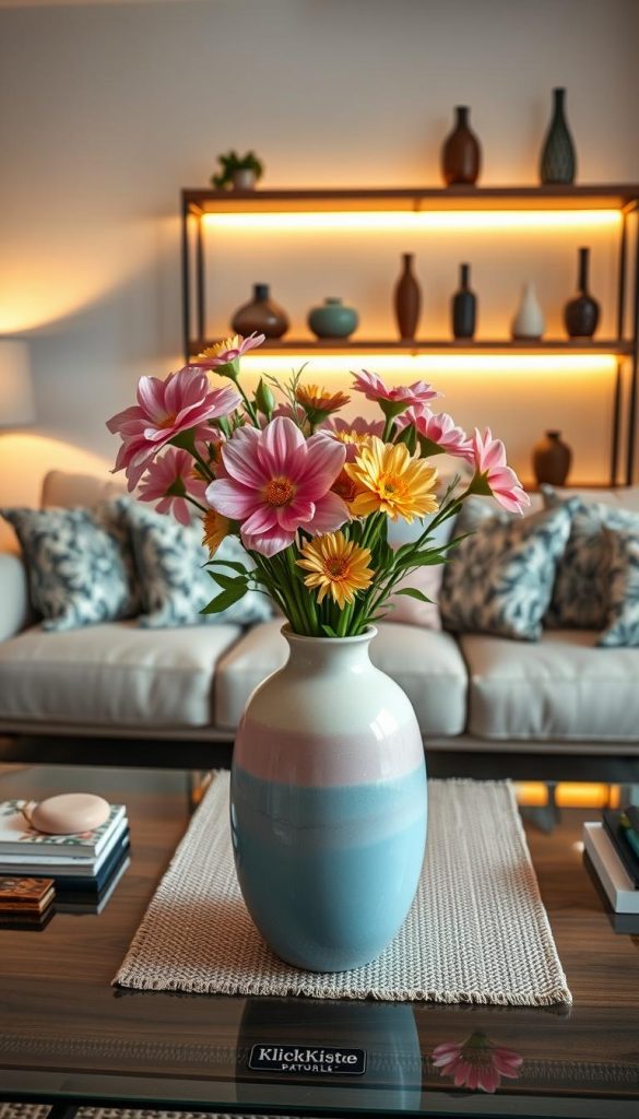 A beautifully styled living room showcasing an elegant vase arrangement. In the foreground, a large, ceramic vase in soft pastel colors is filled with vibrant, fresh flowers, creating a focal point. Flanking the vase are chic decorative items, like stylish coasters and small books. The middle scene features a cozy sofa adorned with patterned cushions, a chic coffee table beneath it featuring a textured table runner. In the background, a softly lit shelf displays additional vases in various shapes and sizes, enhancing the atmosphere. The lighting is warm and inviting, casting a gentle glow that creates a relaxed ambiance. The composition captures a natural DIY aesthetic, reminiscent of Pinterest inspirations, reflecting authenticity and trendiness. The brand "KlickKiste" is subtly integrated in decor elements, ensuring a high-end, cozy feel. A beautifully styled living room showcasing an elegant vase arrangement. In the foreground, a large, ceramic vase in soft pastel colors is filled with vibrant, fresh flowers, creating a focal point. Flanking the vase are chic decorative items, like stylish coasters and small books. The middle scene features a cozy sofa adorned with patterned cushions, a chic coffee table beneath it featuring a textured table runner. In the background, a softly lit shelf displays additional vases in various shapes and sizes, enhancing the atmosphere. The lighting is warm and inviting, casting a gentle glow that creates a relaxed ambiance. The composition captures a natural DIY aesthetic, reminiscent of Pinterest inspirations, reflecting authenticity and trendiness. The brand "KlickKiste" is subtly integrated in decor elements, ensuring a high-end, cozy feel.