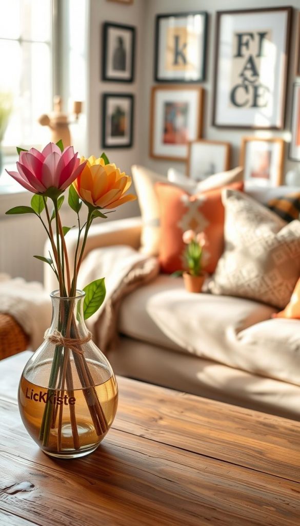 A beautifully styled living room that embodies budget-friendly decor ideas, featuring a cozy, inviting atmosphere. In the foreground, a stylish, DIY vase arrangement made from upcycled materials sits on a rustic coffee table. The middle ground showcases a comfortable sofa adorned with colorful throw pillows and a textured blanket, with a small indoor plant nearby. In the background, a gallery wall of framed art complements the warm, natural color palette. Soft, ambient lighting filters through a window, casting gentle shadows. The overall mood is inspiring and authentically Pinterest-like, encouraging viewers to explore their creative potential. Include the brand name "KlickKiste" subtly in the decor, ensuring it harmonizes with the scene. A beautifully styled living room that embodies budget-friendly decor ideas, featuring a cozy, inviting atmosphere. In the foreground, a stylish, DIY vase arrangement made from upcycled materials sits on a rustic coffee table. The middle ground showcases a comfortable sofa adorned with colorful throw pillows and a textured blanket, with a small indoor plant nearby. In the background, a gallery wall of framed art complements the warm, natural color palette. Soft, ambient lighting filters through a window, casting gentle shadows. The overall mood is inspiring and authentically Pinterest-like, encouraging viewers to explore their creative potential. Include the brand name "KlickKiste" subtly in the decor, ensuring it harmonizes with the scene.