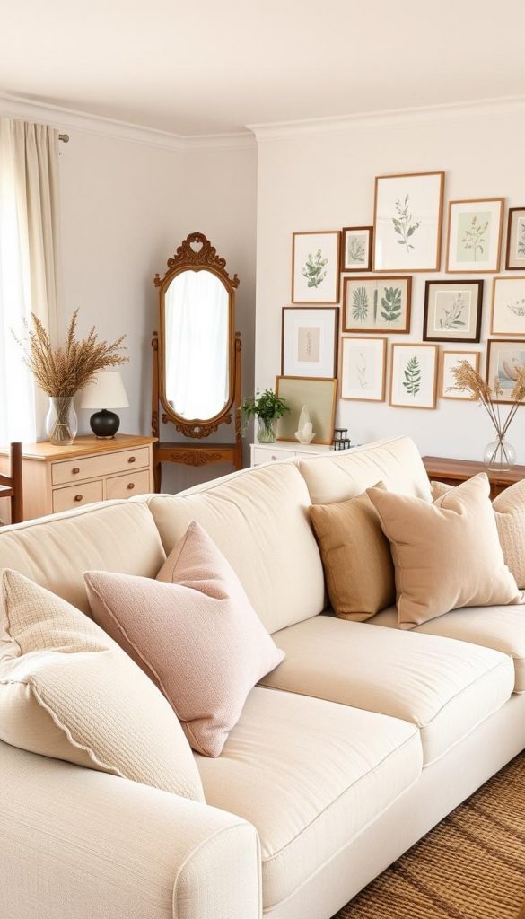 A beautifully styled living room that showcases a 'Stil-Mix' aesthetic, blending Scandinavian simplicity with Castlecore whimsy. In the foreground, a plush, light-colored sofa adorned with an array of textured cushions in muted earthy tones, featuring subtle patterns inspired by nature. The middle ground is filled with a mix of minimalist wooden furniture and antique decor pieces, like an ornate mirror and a vintage coffee table. Soft, warm lighting filters through sheer curtains, creating a cozy ambiance. The background features a gallery wall of framed botanical prints and pastel artwork, enhancing the inviting atmosphere. The scene feels authentic and inspiring, with a touch of DIY charm that reflects the essence of KlickKiste. The overall mood is warm, inviting, and effortlessly stylish, perfect for a fresh take on home decor. A beautifully styled living room that showcases a 'Stil-Mix' aesthetic, blending Scandinavian simplicity with Castlecore whimsy. In the foreground, a plush, light-colored sofa adorned with an array of textured cushions in muted earthy tones, featuring subtle patterns inspired by nature. The middle ground is filled with a mix of minimalist wooden furniture and antique decor pieces, like an ornate mirror and a vintage coffee table. Soft, warm lighting filters through sheer curtains, creating a cozy ambiance. The background features a gallery wall of framed botanical prints and pastel artwork, enhancing the inviting atmosphere. The scene feels authentic and inspiring, with a touch of DIY charm that reflects the essence of KlickKiste. The overall mood is warm, inviting, and effortlessly stylish, perfect for a fresh take on home decor.