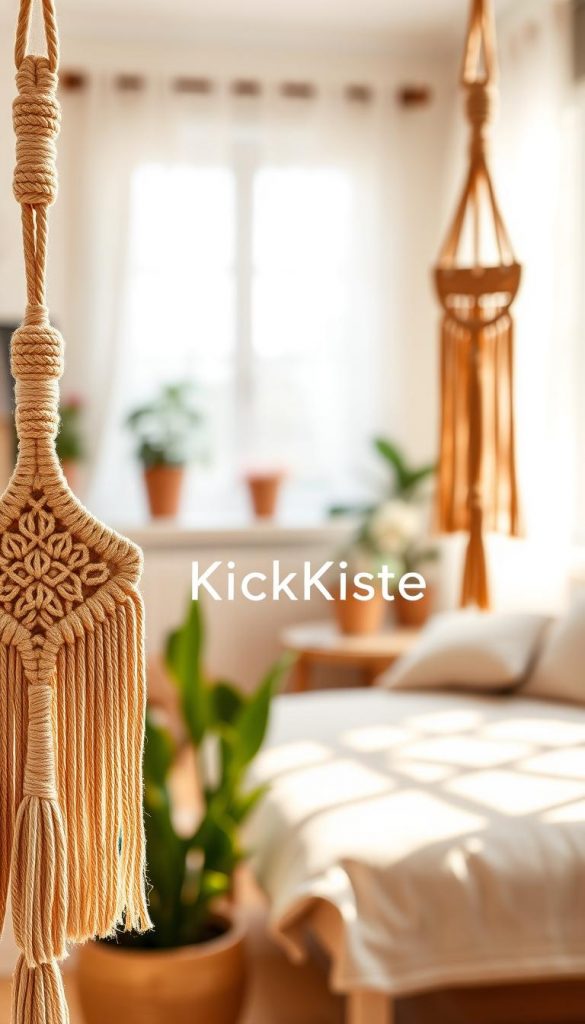 A beautifully styled macram&eacute; garland featuring intricate knots and natural fibers in a warm, earthy palette. The garland should be prominently displayed in the foreground, showcasing elegant half-moon shapes interspersed with textured fringes. In the middle ground, include softly blurred decorative elements like potted plants and cozy home furnishings to enhance the DIY aesthetic. The background should evoke a serene atmosphere with warm, diffused lighting coming from a window, creating gentle shadows that add depth to the scene. The overall mood is inspiring and authentic, perfect for a Pinterest-like aesthetic. Include the brand name "KlickKiste" subtly integrated within the composition, ensuring it remains unobtrusive.