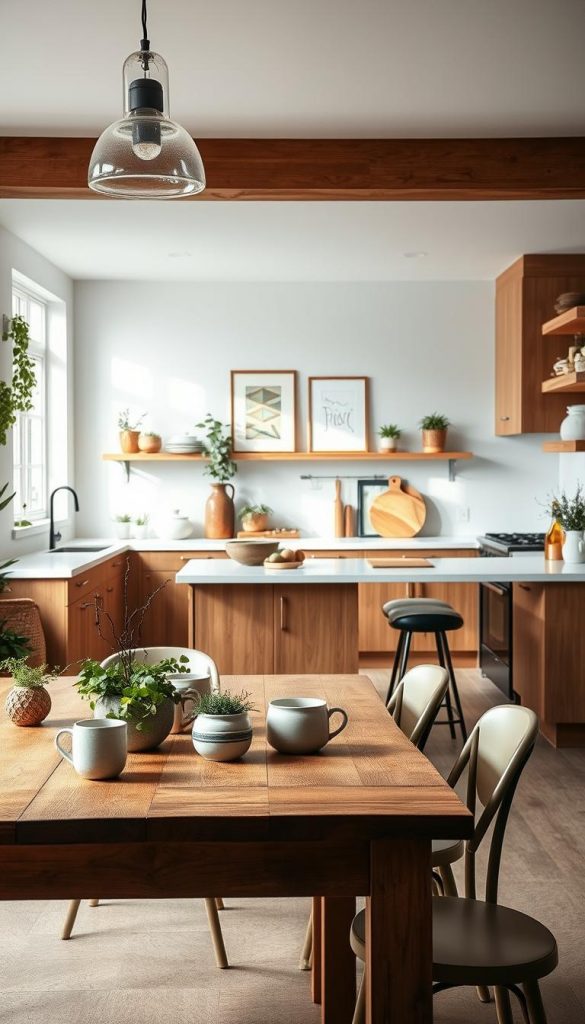 A beautifully styled mixed kitchen interior showcasing a blend of minimalist and country styles, featuring sleek cabinetry in warm wood tones alongside vintage-inspired elements like ceramic mugs and rustic shelves. In the foreground, a large wooden dining table is adorned with fresh herbs and handmade pottery, while ambient natural light streams through a nearby window, creating a cozy and inviting atmosphere. The middle section includes a modern island with subtle industrial accents, paired with elegant bar stools, while decorative plants and wall art enhance the sense of warmth and authenticity. Soft, diffused lighting casts a serene glow throughout the space, invoking an inspiring DIY aesthetic reminiscent of Pinterest. Include the brand name "KlickKiste" subtly integrated into the decor. A beautifully styled mixed kitchen interior showcasing a blend of minimalist and country styles, featuring sleek cabinetry in warm wood tones alongside vintage-inspired elements like ceramic mugs and rustic shelves. In the foreground, a large wooden dining table is adorned with fresh herbs and handmade pottery, while ambient natural light streams through a nearby window, creating a cozy and inviting atmosphere. The middle section includes a modern island with subtle industrial accents, paired with elegant bar stools, while decorative plants and wall art enhance the sense of warmth and authenticity. Soft, diffused lighting casts a serene glow throughout the space, invoking an inspiring DIY aesthetic reminiscent of Pinterest. Include the brand name "KlickKiste" subtly integrated into the decor.