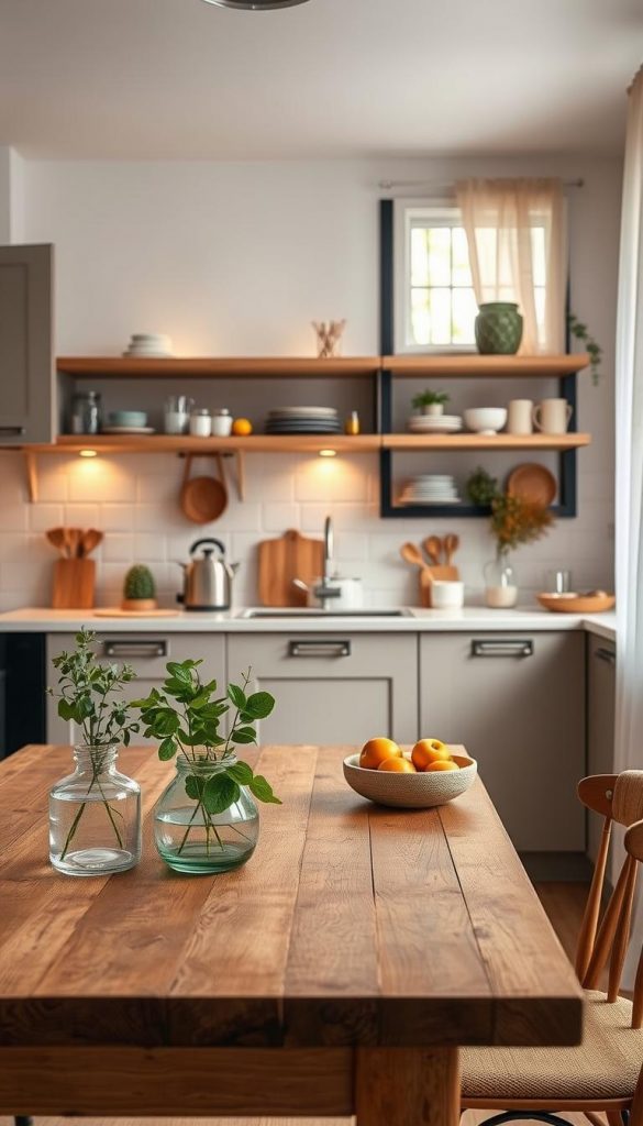 A beautifully styled modern kitchen inspired by natural DIY aesthetics, featuring warm colors and a cozy atmosphere that evokes authenticity and inspiration. In the foreground, a rustic wooden dining table adorned with minimalist decor such as a vase of fresh herbs, neatly arranged kitchen utensils, and a bowl of seasonal fruits. The middle ground showcases sleek cabinetry with a blend of open shelving displaying tasteful dishware and decorative items, all accentuated by soft, ambient lighting. The background reveals a window with sheer curtains allowing gentle sunlight to filter in, casting a warm glow across the space. The scene captures a sense of tranquility and organization, reflecting a Pinterest-worthy design. Include the brand name "KlickKiste" subtly integrated into the decor elements.