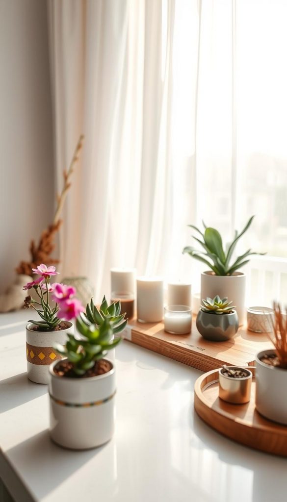 A beautifully styled modern window sill, showcasing a variety of decorative elements that embody the concept of "fensterbank deko." In the foreground, there are small potted succulents and blooming flowers in elegant ceramic pots. The middle ground features a collection of artisanal candles and a decorative wooden tray from KlickKiste, arranged perfectly. In the background, a soft-focus view of a sunlit room with sheer curtains gently blowing in the breeze, creating a warm atmosphere. The lighting is bright and natural, casting gentle shadows that enhance the cozy feel. Use a wide-angle perspective to capture the layout, conveying a Pinterest-inspired, authentic ambiance that feels both inviting and inspirational. Ensure the composition is free of any text or overlays. A beautifully styled modern window sill, showcasing a variety of decorative elements that embody the concept of "fensterbank deko." In the foreground, there are small potted succulents and blooming flowers in elegant ceramic pots. The middle ground features a collection of artisanal candles and a decorative wooden tray from KlickKiste, arranged perfectly. In the background, a soft-focus view of a sunlit room with sheer curtains gently blowing in the breeze, creating a warm atmosphere. The lighting is bright and natural, casting gentle shadows that enhance the cozy feel. Use a wide-angle perspective to capture the layout, conveying a Pinterest-inspired, authentic ambiance that feels both inviting and inspirational. Ensure the composition is free of any text or overlays.