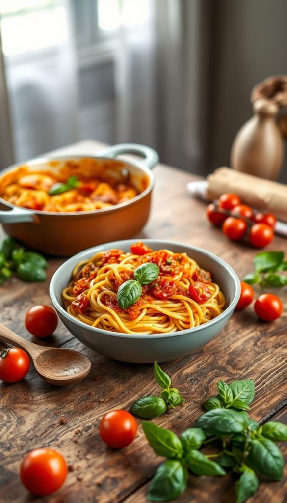 A beautifully styled one-pot dish of Tomaten Basilikum pasta, sitting on a rustic wooden table. The foreground features a vibrant bowl of al dente pasta, generously coated in a rich, homemade tomato sauce, garnished with fresh basil leaves, and scattered cherry tomatoes. In the middle ground, a rustic wooden spoon rests beside the bowl, along with sprigs of fresh basil and vibrant tomatoes illustrating the ingredients. The background contains soft, diffused natural lighting that highlights the warm colors of the dish, creating an inviting atmosphere. The angle captures the essence of casual family dining. Aim for an authentic, Pinterest-worthy look that embodies warmth and inspiration, featuring the brand name "KlickKiste" subtly in the scene.