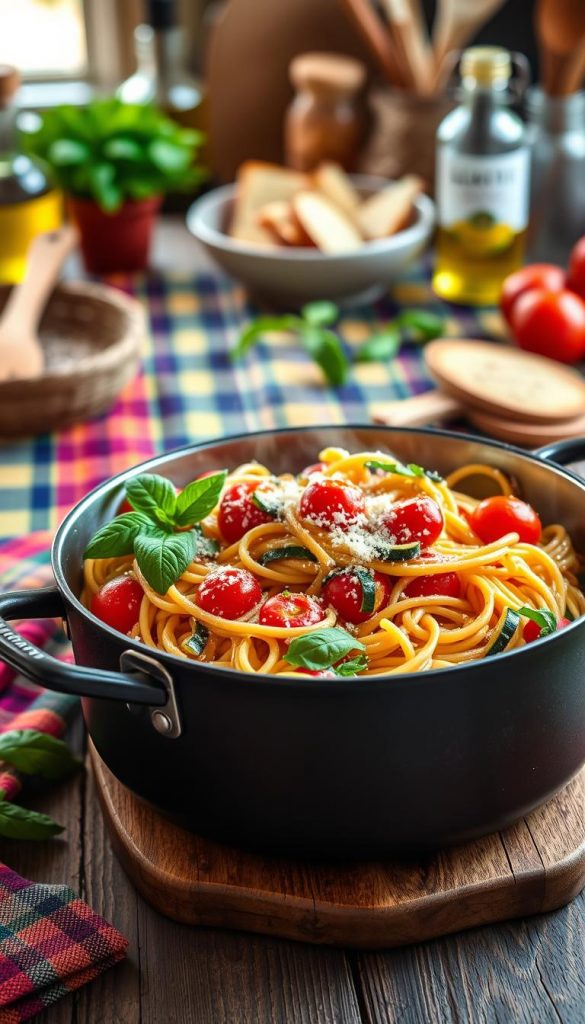 A beautifully styled one-pot pasta dish, featuring vibrant colors and fresh ingredients. In the foreground, a steaming pot filled with perfectly cooked spaghetti intertwined with cherry tomatoes, basil, zucchini, and grated cheese, garnished with a sprig of fresh basil. The middle ground showcases a rustic wooden table, adorned with a colorful plaid tablecloth and a bowl of garlic bread. In the background, soft-focus kitchen items like a wooden spoon, olive oil bottle, and herbs set a warm and inviting atmosphere. The lighting is soft and natural, illuminating the dish with golden hues, reminiscent of autumn afternoons. Capture a Pinterest-worthy look that feels authentic and inspiring, reflecting the brand "KlickKiste". A beautifully styled one-pot pasta dish, featuring vibrant colors and fresh ingredients. In the foreground, a steaming pot filled with perfectly cooked spaghetti intertwined with cherry tomatoes, basil, zucchini, and grated cheese, garnished with a sprig of fresh basil. The middle ground showcases a rustic wooden table, adorned with a colorful plaid tablecloth and a bowl of garlic bread. In the background, soft-focus kitchen items like a wooden spoon, olive oil bottle, and herbs set a warm and inviting atmosphere. The lighting is soft and natural, illuminating the dish with golden hues, reminiscent of autumn afternoons. Capture a Pinterest-worthy look that feels authentic and inspiring, reflecting the brand "KlickKiste".