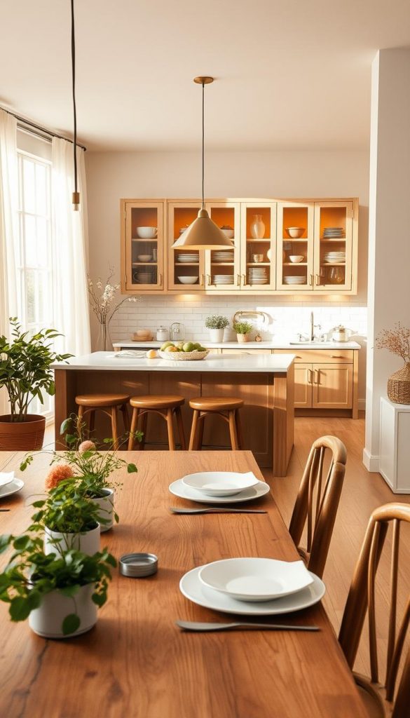 A beautifully styled open kitchen featuring a harmonious color palette inspired by natural elements, embodying warm tones of soft beige, creamy whites, and subtle earthy accents. In the foreground, a rustic wooden dining table with elegant place settings invites ambiance, while potted herbs add a touch of greenery. The middle ground showcases the open kitchen space with glass-front cabinets exhibiting colorful dishware, complemented by warm lighting that creates a cozy atmosphere. Lush curtains softly diffuse natural light streaming in from large windows, enhancing the feeling of airiness. In the background, minimalist decor elements subtly reflect stylish DIY inspiration, embodying an authentic Pinterest aesthetic. This inviting scene, branded by KlickKiste, evokes comfort and creativity, making open spaces feel larger and more welcoming.