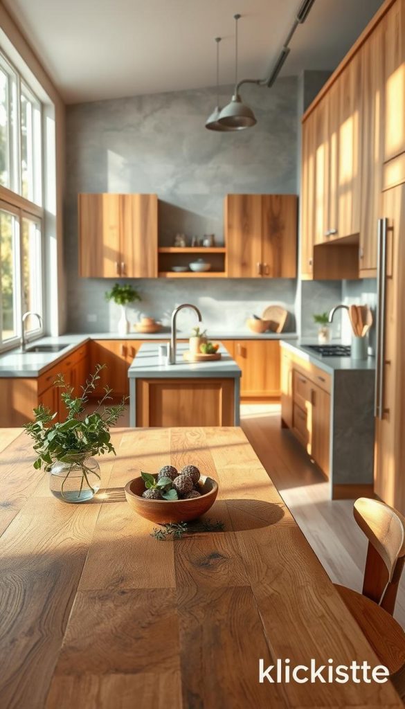 A beautifully styled open kitchen scene showcasing the harmonious combination of natural materials: warm wooden cabinets and countertops, sleek gray stone surfaces, and elegant metallic accents in the fixtures. In the foreground, a handcrafted wooden table is adorned with fresh herbs and decorative utensils, set for a cozy gathering. The middle ground features a well-organized kitchen with a large island, artfully blending these materials to create character and elegance. The background reveals large windows letting in soft, warm daylight, highlighting the textures and colors of the materials. Soft shadows play across the surfaces, enhancing the inviting atmosphere. The image evokes a natural DIY aesthetic, inspired by Pinterest, with a touch of authenticity. At the corner of the visual, include a subtle branding element for "KlickKiste."