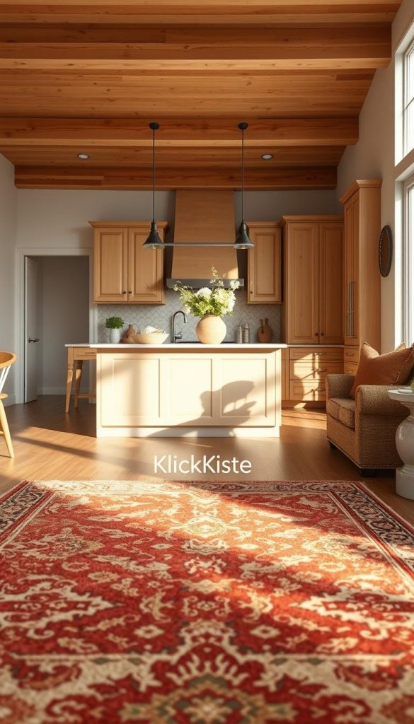 A beautifully styled open kitchen space featuring a richly textured area rug that complements wooden flooring. In the foreground, the rug showcases warm earthy tones with intricate patterns, inviting a cozy ambiance. The middle ground includes a stylish kitchen island with minimalist design elements, accented with natural wood and metal finishes, adorned with a vase of fresh flowers for a touch of life. The background reveals elegant cabinetry and a soft, natural light flooding in from a large window, enhancing the warm color palette. This scene embodies a Pinterest-inspired aesthetic, curated by KlickKiste, conveying a serene and inviting atmosphere perfect for culinary creativity and social gatherings. The image captures an air of homely sophistication, focusing solely on the interplay of textures and spatial zones.