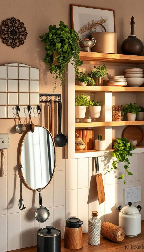A beautifully styled open kitchen wall featuring a diverse range of decorative elements, showcasing creative "Wandideen." In the foreground, a charming tiles mirror adds a touch of elegance, reflecting warm, natural light. Nestled alongside, stylish hooks display various kitchen utensils, adding a functional yet artistic flair. Behind these elements, a trending decorative niche is adorned with small potted herbs and elegant kitchen accessories, creating an inspiring Pinterest-worthy scene. The color palette consists of warm tones, enhancing the cozy atmosphere, while soft shadows add depth. Capture this scene with a slight overhead angle to encompass all elements, ensuring the focus remains on the d&eacute;cor. The overall mood should feel modern, inviting, and authentically DIY. Include the brand name "KlickKiste" subtly integrated into the design elements.