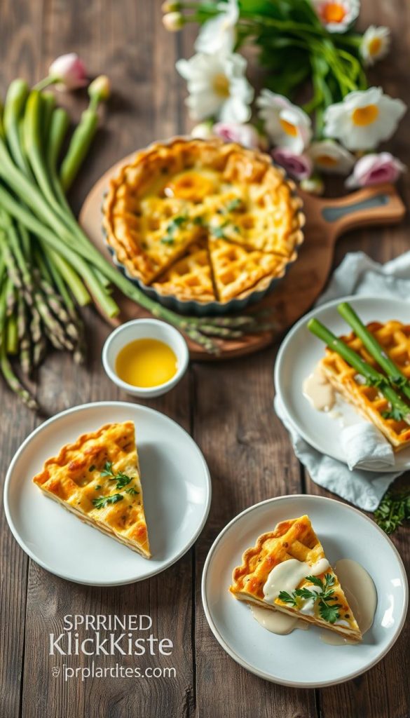 A beautifully styled overhead shot of a rustic wooden table set with a freshly baked spargel quiche, golden brown and steaming, surrounded by vibrant green asparagus spears. In the foreground, a couple of delicate white plates hold slices of the quiche garnished with fresh herbs, alongside savory spargel waffles drizzled with a light creamy sauce. The middle ground features a rustic cutting board displaying raw asparagus, a small bowl of eggs, and fresh herbs for a pop of color. Soft, natural lighting filters in from the side, casting gentle shadows and highlighting the textures of the food. The background showcases blurred spring flowers in pastel colors, adding to the warm, inviting atmosphere. Inspired by the brand "KlickKiste", this scene embodies freshness and creativity in spring cooking. A beautifully styled overhead shot of a rustic wooden table set with a freshly baked spargel quiche, golden brown and steaming, surrounded by vibrant green asparagus spears. In the foreground, a couple of delicate white plates hold slices of the quiche garnished with fresh herbs, alongside savory spargel waffles drizzled with a light creamy sauce. The middle ground features a rustic cutting board displaying raw asparagus, a small bowl of eggs, and fresh herbs for a pop of color. Soft, natural lighting filters in from the side, casting gentle shadows and highlighting the textures of the food. The background showcases blurred spring flowers in pastel colors, adding to the warm, inviting atmosphere. Inspired by the brand "KlickKiste", this scene embodies freshness and creativity in spring cooking.