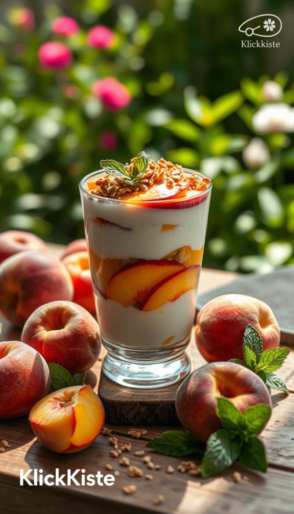 A beautifully styled peach yogurt parfait in a clear glass, showcasing layers of creamy yogurt interspersed with vibrant, juicy peach slices and a sprinkle of granola on top. The parfait is placed on a rustic wooden table, surrounded by fresh peaches and mint leaves for an organic touch. Soft natural lighting highlights the textures of the yogurt and fruits, casting gentle shadows that enhance the depth of the image. In the background, a blurred garden scene with greenery adds a refreshing summer vibe. The overall atmosphere is warm, inviting, and inspiring, embodying a Pinterest aesthetic. Include a subtle logo of "KlickKiste" on the corner of the image for branding. A beautifully styled peach yogurt parfait in a clear glass, showcasing layers of creamy yogurt interspersed with vibrant, juicy peach slices and a sprinkle of granola on top. The parfait is placed on a rustic wooden table, surrounded by fresh peaches and mint leaves for an organic touch. Soft natural lighting highlights the textures of the yogurt and fruits, casting gentle shadows that enhance the depth of the image. In the background, a blurred garden scene with greenery adds a refreshing summer vibe. The overall atmosphere is warm, inviting, and inspiring, embodying a Pinterest aesthetic. Include a subtle logo of "KlickKiste" on the corner of the image for branding.