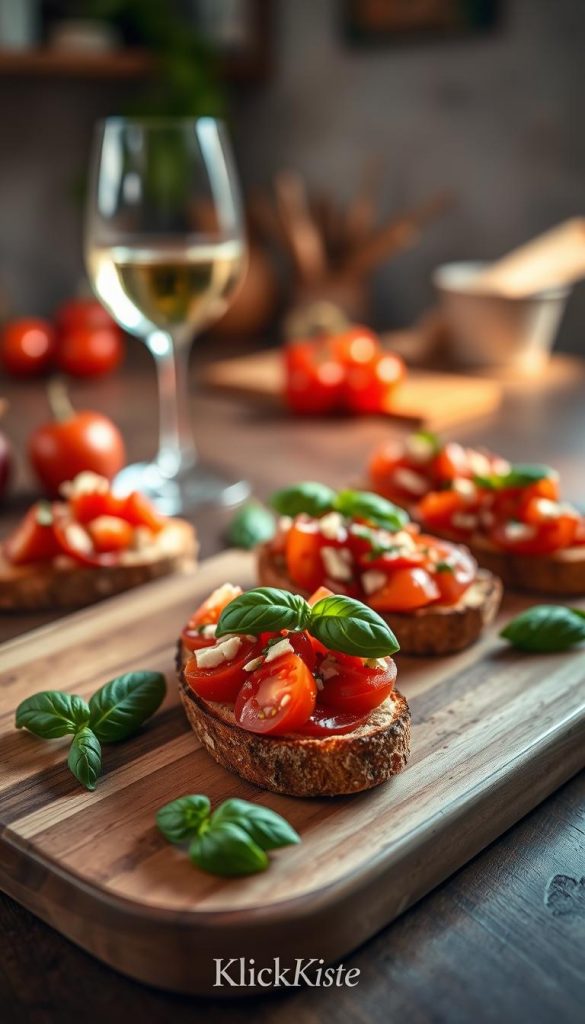 A beautifully styled plate of bruschetta topped with ripe, juicy tomatoes, minced garlic, and fresh basil leaves. The foreground features the vibrant bruschetta arranged artfully on a rustic wooden board, with a few sprigs of basil scattered around for added color. In the middle ground, a soft-focus glass of white wine complements the dish. The background shows a warm, inviting kitchen with gentle, natural lighting casting soft shadows, enhancing the warmth of the scene. Use a shallow depth of field to emphasize the bruschetta while blurring the background slightly. The mood is cozy and inviting, perfect for a festive celebration. The image should reflect a natural aesthetic with warm colors, inspired by Pinterest-style visuals. Include a subtle brand reference to "KlickKiste." A beautifully styled plate of bruschetta topped with ripe, juicy tomatoes, minced garlic, and fresh basil leaves. The foreground features the vibrant bruschetta arranged artfully on a rustic wooden board, with a few sprigs of basil scattered around for added color. In the middle ground, a soft-focus glass of white wine complements the dish. The background shows a warm, inviting kitchen with gentle, natural lighting casting soft shadows, enhancing the warmth of the scene. Use a shallow depth of field to emphasize the bruschetta while blurring the background slightly. The mood is cozy and inviting, perfect for a festive celebration. The image should reflect a natural aesthetic with warm colors, inspired by Pinterest-style visuals. Include a subtle brand reference to "KlickKiste."