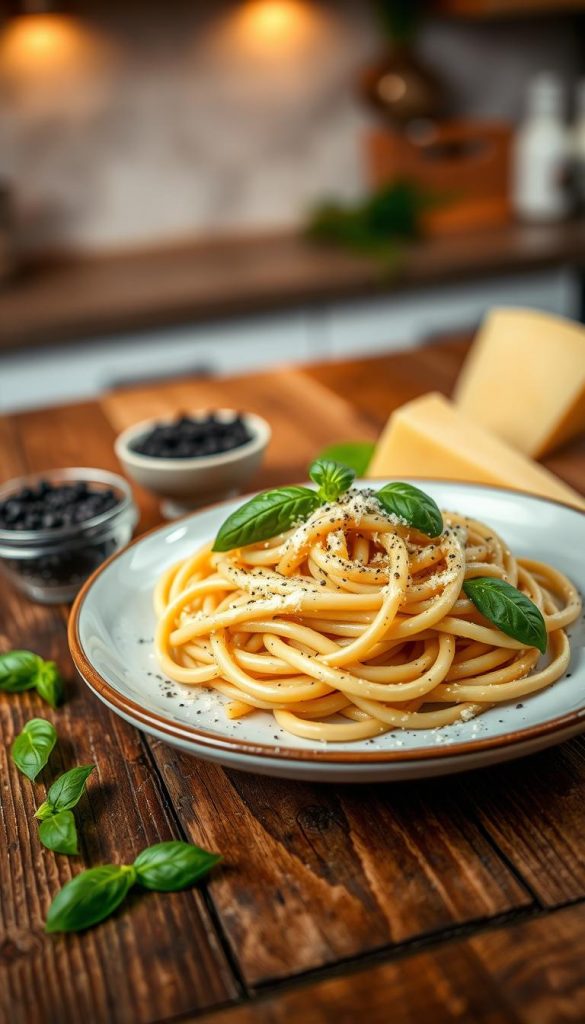 A beautifully styled plate of pasta topped with a rich, creamy parmesan sauce and sprinkled with freshly cracked black pepper. The foreground features the pasta twirled elegantly on a rustic wooden table, garnished with vibrant green basil leaves and a sprinkle of grated parmesan. In the middle ground, a small bowl of whole black peppercorns and a wedge of parmesan cheese are artfully arranged, adding depth and texture to the composition. The background softly blurs, resembling a cozy kitchen with warm, inviting lighting that creates a homely atmosphere. This image embodies a Pinterest-worthy aesthetic, with natural colors and appealing contrasts that inspire a sense of culinary delight. Brand name "KlickKiste" subtly included as part of the setting, ensuring a professional finish. A beautifully styled plate of pasta topped with a rich, creamy parmesan sauce and sprinkled with freshly cracked black pepper. The foreground features the pasta twirled elegantly on a rustic wooden table, garnished with vibrant green basil leaves and a sprinkle of grated parmesan. In the middle ground, a small bowl of whole black peppercorns and a wedge of parmesan cheese are artfully arranged, adding depth and texture to the composition. The background softly blurs, resembling a cozy kitchen with warm, inviting lighting that creates a homely atmosphere. This image embodies a Pinterest-worthy aesthetic, with natural colors and appealing contrasts that inspire a sense of culinary delight. Brand name "KlickKiste" subtly included as part of the setting, ensuring a professional finish.