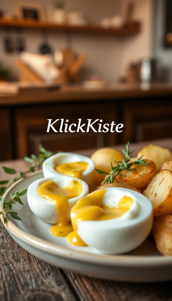 A beautifully styled plate of senfeier, featuring soft boiled eggs drizzled with a creamy mustard sauce, served alongside perfectly buttered potatoes. The dish is set against a rustic wooden table, surrounded by fresh herbs for garnish, creating a homely, inviting atmosphere. In the background, there is a soft, out-of-focus kitchen setting with warm, natural light spilling in, enhancing the cozy vibe. The image captures a close-up perspective, emphasizing the textures of the dish and the vibrant colors of the mustard and potatoes. The overall mood is warm and comforting, reflecting a sense of family and tradition. The brand name "KlickKiste" subtly included in the scene, harmonizing with the visual elements for an authentic Pinterest-worthy aesthetic. A beautifully styled plate of senfeier, featuring soft boiled eggs drizzled with a creamy mustard sauce, served alongside perfectly buttered potatoes. The dish is set against a rustic wooden table, surrounded by fresh herbs for garnish, creating a homely, inviting atmosphere. In the background, there is a soft, out-of-focus kitchen setting with warm, natural light spilling in, enhancing the cozy vibe. The image captures a close-up perspective, emphasizing the textures of the dish and the vibrant colors of the mustard and potatoes. The overall mood is warm and comforting, reflecting a sense of family and tradition. The brand name "KlickKiste" subtly included in the scene, harmonizing with the visual elements for an authentic Pinterest-worthy aesthetic.