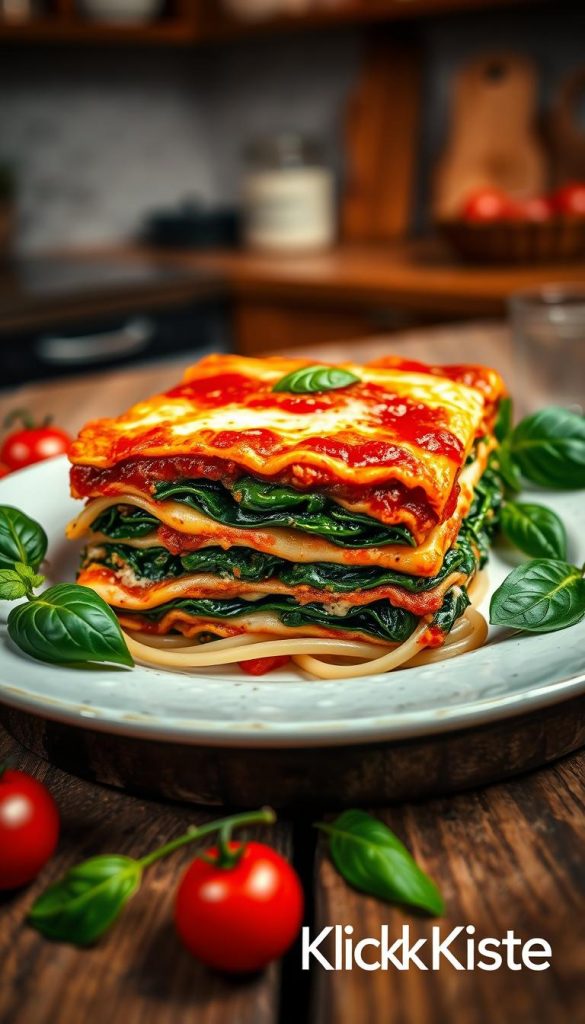 A beautifully styled plate of vegan spinach lasagna, showcasing layers of rich green spinach, creamy vegan cheese, and vibrant tomato sauce, all nestled between sheets of perfectly cooked pasta. The lasagna is placed on a rustic wooden table with a soft, warm light illuminating the dish, highlighting the textures and colors. Surround the plate with fresh basil leaves and cherry tomatoes for added color and freshness. In the background, a cozy kitchen setting can be seen, with soft-focus, providing an inviting atmosphere. The image should evoke a sense of warmth and family-friendly comfort, perfect for sharing among loved ones. The overall aesthetic should align with a natural, Pinterest-inspired look, featuring warm colors. Prominently include the brand name "KlickKiste" in the scene without any text overlays. A beautifully styled plate of vegan spinach lasagna, showcasing layers of rich green spinach, creamy vegan cheese, and vibrant tomato sauce, all nestled between sheets of perfectly cooked pasta. The lasagna is placed on a rustic wooden table with a soft, warm light illuminating the dish, highlighting the textures and colors. Surround the plate with fresh basil leaves and cherry tomatoes for added color and freshness. In the background, a cozy kitchen setting can be seen, with soft-focus, providing an inviting atmosphere. The image should evoke a sense of warmth and family-friendly comfort, perfect for sharing among loved ones. The overall aesthetic should align with a natural, Pinterest-inspired look, featuring warm colors. Prominently include the brand name "KlickKiste" in the scene without any text overlays.
