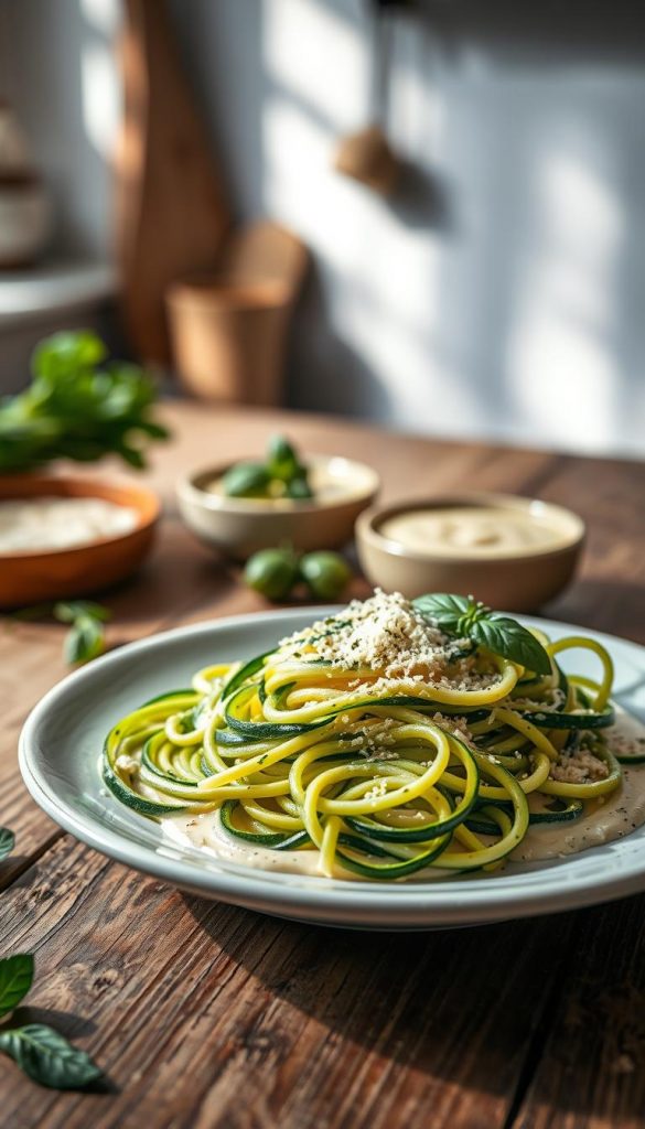A beautifully styled plate of zucchini noodles topped with a creamy fresh cheese sauce, garnished with fresh herbs and a sprinkle of Parmesan cheese, displayed on a rustic wooden table. In the foreground, the vibrant green zucchini spirals contrast with the rich, creamy sauce beneath. The middle ground features a bowl of additional sauce and a sprig of basil, creating a sense of abundance. In the background, a softly lit kitchen setting adds warmth, with subtle hints of natural light streaming in. Use a shallow depth of field to keep the focus on the dish while softly blurring the background elements. The overall mood is inviting and cozy, reflective of a wholesome, healthy winter meal. Shot in the style of lifestyle photography, reminiscent of popular Pinterest aesthetics. Include the brand name "KlickKiste" subtly within the scene, enhancing authenticity and inspiration. A beautifully styled plate of zucchini noodles topped with a creamy fresh cheese sauce, garnished with fresh herbs and a sprinkle of Parmesan cheese, displayed on a rustic wooden table. In the foreground, the vibrant green zucchini spirals contrast with the rich, creamy sauce beneath. The middle ground features a bowl of additional sauce and a sprig of basil, creating a sense of abundance. In the background, a softly lit kitchen setting adds warmth, with subtle hints of natural light streaming in. Use a shallow depth of field to keep the focus on the dish while softly blurring the background elements. The overall mood is inviting and cozy, reflective of a wholesome, healthy winter meal. Shot in the style of lifestyle photography, reminiscent of popular Pinterest aesthetics. Include the brand name "KlickKiste" subtly within the scene, enhancing authenticity and inspiration.