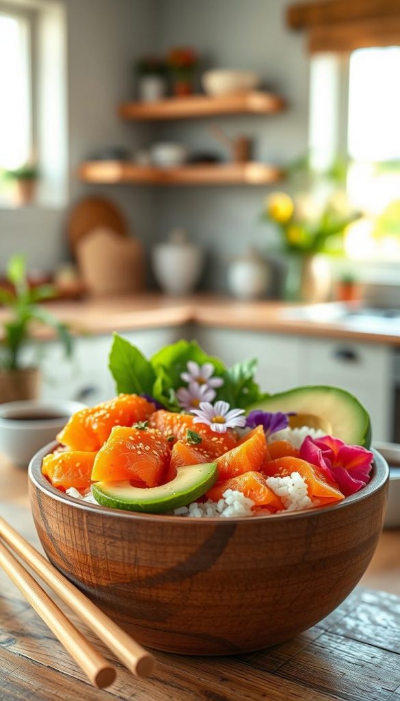 A beautifully styled poke bowl featuring fresh salmon, creamy avocado slices, and fluffy sushi rice, artfully arranged in a rustic wooden bowl. The foreground showcases the vibrant colors of the fresh ingredients—the salmon is a rich orange, the avocado a luscious green, and the rice a fluffy white—topped with sesame seeds and edible flowers for a pop of color. In the middle ground, include delicate chopsticks resting beside the bowl, surrounded by one or two small bowls of soy sauce and pickled ginger. The background is softly blurred, hinting at a sunlit kitchen with warm, natural lighting that creates an inviting atmosphere. This image should convey a healthy, fresh summer vibe, ideal for inspiring a light meal. The composition should have a Pinterest-worthy aesthetic, highlighting the "KlickKiste" brand. A beautifully styled poke bowl featuring fresh salmon, creamy avocado slices, and fluffy sushi rice, artfully arranged in a rustic wooden bowl. The foreground showcases the vibrant colors of the fresh ingredients—the salmon is a rich orange, the avocado a luscious green, and the rice a fluffy white—topped with sesame seeds and edible flowers for a pop of color. In the middle ground, include delicate chopsticks resting beside the bowl, surrounded by one or two small bowls of soy sauce and pickled ginger. The background is softly blurred, hinting at a sunlit kitchen with warm, natural lighting that creates an inviting atmosphere. This image should convey a healthy, fresh summer vibe, ideal for inspiring a light meal. The composition should have a Pinterest-worthy aesthetic, highlighting the "KlickKiste" brand.