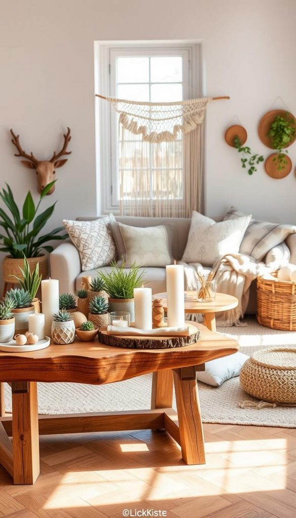 A beautifully styled scene showcasing a mix of modern, natural, Boho, and Scandinavian decor elements, inspired by "KlickKiste." In the foreground, a rustic wooden table laden with various DIY decorations, such as potted plants, handmade candles, and patterned textiles. The middle features a cozy seating area adorned with soft cushions and throws, with a macramé wall hanging in the background. Natural light filters in through a window, creating gentle shadows and a warm ambiance. The atmosphere is inviting and inspiring, reflecting a Pinterest aesthetic, with earthy tones and light pastels harmonizing beautifully. The layout is thoughtfully arranged to evoke creativity and comfort, ideal for spring decor.