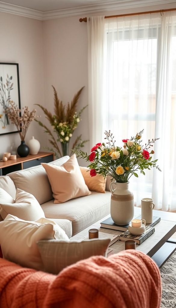 A beautifully styled seasonal living room reflecting the transition from spring to winter. In the foreground, a cozy sofa adorned with soft pastel cushions and a vibrant throw blanket, surrounded by tasteful decorative items from KlickKiste. In the middle, a coffee table decorated with seasonal flowers in a ceramic vase, stylish books, and scented candles. The background features a window with sheer curtains, letting in warm, soft natural light, highlighting the cozy ambiance. Decor elements such as wall art and seasonal-themed accents blend harmoniously throughout the space. The overall mood is warm, inviting, and inspirational, embodying a modern aesthetic with DIY charm, perfect for a Pinterest-worthy look.