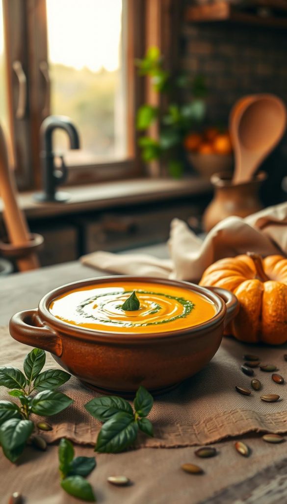 A beautifully styled serving of creamy pumpkin soup, garnished with a swirl of vibrant green basil pesto, sits in an artisanal terracotta bowl. In the foreground, fresh basil leaves and a sprinkle of roasted pumpkin seeds add texture, while the middle captures a cozy kitchen setting with wooden utensils and a soft, warm-toned tablecloth. The background showcases a rustic window with gentle sunlight streaming in, creating a golden hour glow that enhances the warm colors of the soup. The overall atmosphere feels inviting and comforting, evoking a sense of autumnal coziness. The image, designed for KlickKiste, should reflect a natural, Pinterest-inspired aesthetic, with rich textures and a harmonious color palette that highlights the orange and green tones of the dish.