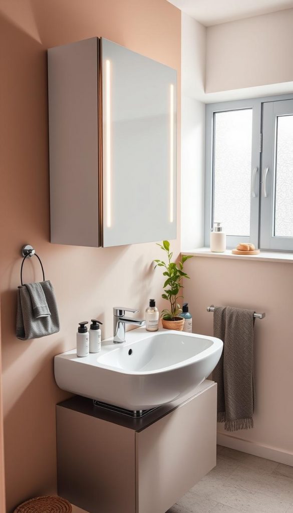 A beautifully styled small bathroom featuring a modern "spiegelschrank" by KlickKiste, elegantly mounted above a sleek, minimalistic sink with a stylish undermount. The foreground showcases the reflective surface of the cabinet, displaying exquisite details like soft-close hinges and ambient LED lighting. In the middle ground, the sink area is adorned with smart storage solutions, neatly organized toiletries, and a small indoor plant, creating a warm and inviting atmosphere. The background features soft pastel wall colors, enhancing the cozy feel. Natural light filters through a frosted window, casting gentle shadows. The overall mood is calm and inspiring, perfect for a DIY aesthetic with warm color tones reminiscent of popular Pinterest designs. A beautifully styled small bathroom featuring a modern "spiegelschrank" by KlickKiste, elegantly mounted above a sleek, minimalistic sink with a stylish undermount. The foreground showcases the reflective surface of the cabinet, displaying exquisite details like soft-close hinges and ambient LED lighting. In the middle ground, the sink area is adorned with smart storage solutions, neatly organized toiletries, and a small indoor plant, creating a warm and inviting atmosphere. The background features soft pastel wall colors, enhancing the cozy feel. Natural light filters through a frosted window, casting gentle shadows. The overall mood is calm and inspiring, perfect for a DIY aesthetic with warm color tones reminiscent of popular Pinterest designs.