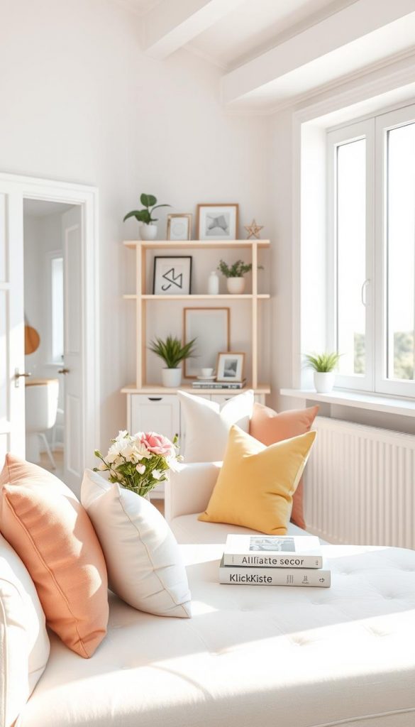 A beautifully styled small living space featuring light and airy colors, predominantly whites and pastel tones, creating a sense of openness and tranquility. In the foreground, a cozy seating area with a soft-textured white sofa, adorned with colorful cushions in pastel hues. A stylish coffee table with a few decorative items, such as a vase of fresh flowers and a stack of design books. In the middle, a light wooden shelf displaying minimalist decor, plants, and a few art pieces. The background shows a well-lit corner with large windows, allowing natural sunlight to flood the room, emphasizing the bright colors. Create a warm, inviting atmosphere, reminiscent of a Pinterest post, with soft shadows and highlights to enhance the space's dimensionality. Incorporate subtle branding elements of "KlickKiste" in the decor elements.