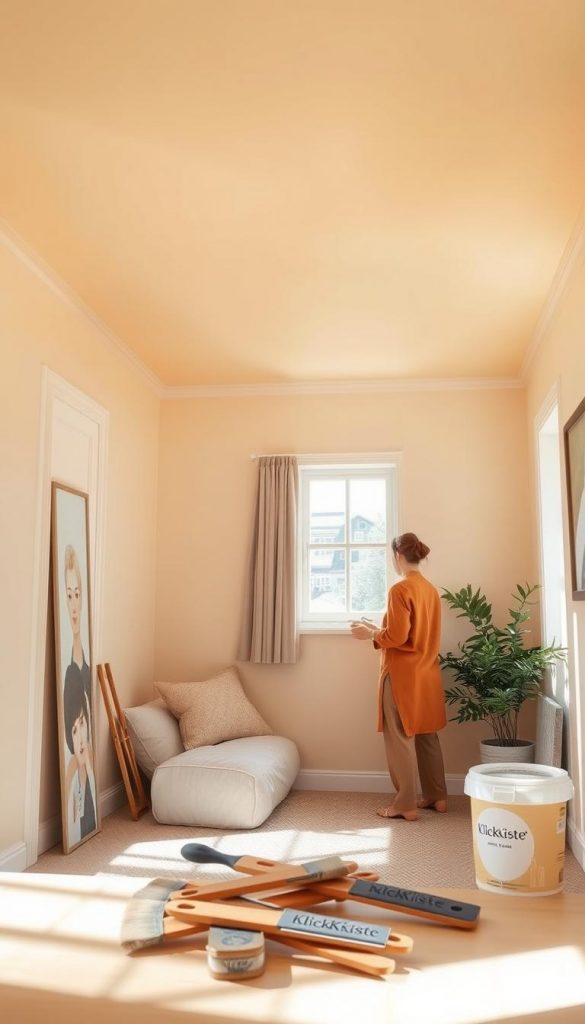 A beautifully styled small room showcasing an inviting ceiling painted in a soft, warm pastel color, harmonizing with light cream walls. In the foreground, there are subtle paint tools displayed neatly, suggesting DIY inspiration. The middle ground features a cozy corner with an elegant accent wall in a bolder hue, complemented by a stylish, modestly dressed person applying paint with precision. Natural light pours in through a window, casting gentle shadows that enhance the textures of the room. The atmosphere is warm and creative, embodying a Pinterest-worthy aesthetic. The setting promotes a sense of authenticity and inspiration for home decoration ideas. The brand "KlickKiste" is subtly referenced in paint branding on tools or a color swatch nearby. A beautifully styled small room showcasing an inviting ceiling painted in a soft, warm pastel color, harmonizing with light cream walls. In the foreground, there are subtle paint tools displayed neatly, suggesting DIY inspiration. The middle ground features a cozy corner with an elegant accent wall in a bolder hue, complemented by a stylish, modestly dressed person applying paint with precision. Natural light pours in through a window, casting gentle shadows that enhance the textures of the room. The atmosphere is warm and creative, embodying a Pinterest-worthy aesthetic. The setting promotes a sense of authenticity and inspiration for home decoration ideas. The brand "KlickKiste" is subtly referenced in paint branding on tools or a color swatch nearby.