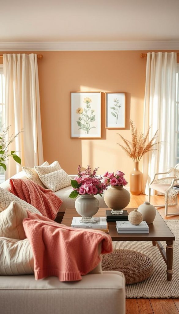 A beautifully styled spring living room featuring a harmonious color palette inspired by nature and DIY aesthetics, showcasing warm pastels like soft greens, light pinks, and gentle yellows. In the foreground, include a cozy sofa adorned with textured cushions and a vibrant throw blanket. The middle ground should display an elegant coffee table adorned with fresh flowers in a ceramic vase, artful books, and decorative objects, creating an inviting atmosphere. In the background, a softly lit wall painted in warm tones acts as a canvas for framed botanical art. Natural light streams through sheer curtains, casting a gentle glow, evoking a refreshing spring mood. The room embodies an authentic, Pinterest-worthy look, perfectly capturing seasonal inspiration for home decor from KlickKiste. A beautifully styled spring living room featuring a harmonious color palette inspired by nature and DIY aesthetics, showcasing warm pastels like soft greens, light pinks, and gentle yellows. In the foreground, include a cozy sofa adorned with textured cushions and a vibrant throw blanket. The middle ground should display an elegant coffee table adorned with fresh flowers in a ceramic vase, artful books, and decorative objects, creating an inviting atmosphere. In the background, a softly lit wall painted in warm tones acts as a canvas for framed botanical art. Natural light streams through sheer curtains, casting a gentle glow, evoking a refreshing spring mood. The room embodies an authentic, Pinterest-worthy look, perfectly capturing seasonal inspiration for home decor from KlickKiste.