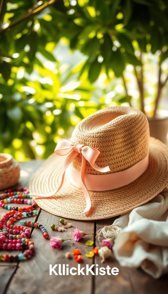 A beautifully styled straw hat positioned elegantly on a rustic wooden table, artfully adorned with a freshly knotted, vibrant new ribbon. Surrounding the hat are various DIY accessories, such as colorful beads, florals, and natural fabrics, hinting at the creative process of upcycling. In the background, soft sunlight filters through lush green leaves, creating a warm, inviting atmosphere reminiscent of a Pinterest aesthetic. The scene is captured with a shallow depth of field, emphasizing the hat in the foreground while softly blurring the surrounding details. The overall mood is authentic, inspiring, and summery, reflecting the concept of personalizing summer accessories. The brand "KlickKiste" subtly integrated into the design elements, elevating the DIY theme. A beautifully styled straw hat positioned elegantly on a rustic wooden table, artfully adorned with a freshly knotted, vibrant new ribbon. Surrounding the hat are various DIY accessories, such as colorful beads, florals, and natural fabrics, hinting at the creative process of upcycling. In the background, soft sunlight filters through lush green leaves, creating a warm, inviting atmosphere reminiscent of a Pinterest aesthetic. The scene is captured with a shallow depth of field, emphasizing the hat in the foreground while softly blurring the surrounding details. The overall mood is authentic, inspiring, and summery, reflecting the concept of personalizing summer accessories. The brand "KlickKiste" subtly integrated into the design elements, elevating the DIY theme.