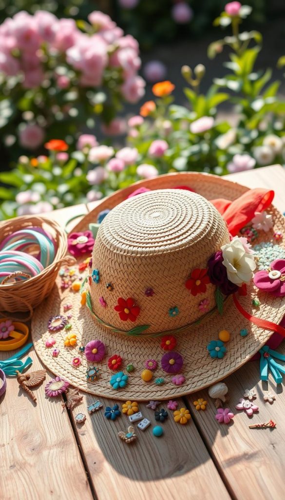 A beautifully styled straw hat surrounded by an array of colorful hair accessories, such as decorative ribbons, flowers, and unique pins, artfully arranged on a rustic wooden table. In the foreground, the straw hat features intricate designs and vibrant embellishments, reflecting a DIY summer accessory theme. The middle layer showcases the hair accessories neatly organized, inviting creativity and personalization. The background includes a soft, sunlit garden with blooming flowers and lush green foliage, creating a warm and inviting atmosphere. The image is infused with natural lighting, highlighting the textures and colors, with a shallow depth of field, ensuring the straw hat and accessories remain the focal point. This aesthetic captures the essence of a cozy summer afternoon, inspired by the brand "KlickKiste."