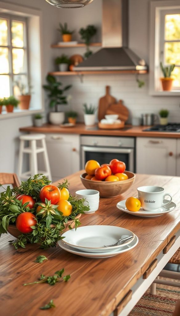 A beautifully styled summer kitchen decorated with DIY elements, featuring warm colors and a Pinterest-inspired look. In the foreground, a rustic wooden table is adorned with fresh herbs, colorful seasonal fruits, and elegant dishware from the brand "KlickKiste." The middle ground showcases a cozy kitchen scene with potted plants and stylish kitchenware, harmonizing natural textures with a minimalist aesthetic. The background reveals sunlit windows that invite soft, golden light, enhancing the inviting atmosphere. The mood is cheerful and vibrant, perfect for summer dining. Capture this scene with a slightly elevated angle to emphasize the layout while maintaining clarity and focus on the details. The composition should evoke a sense of organization and harmony, avoiding clashing styles and colors.