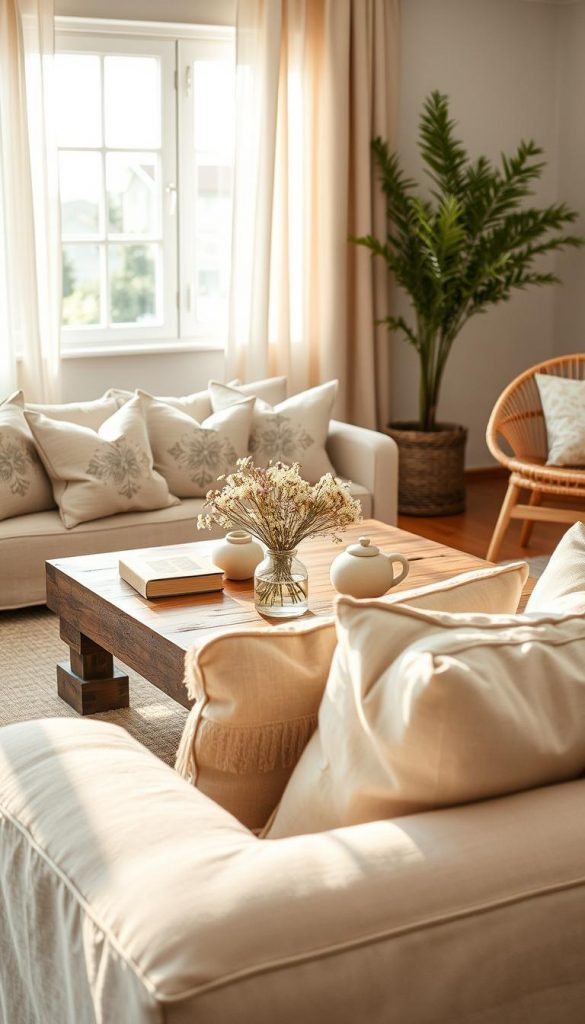 A beautifully styled summer living room, focusing on the texture and warmth of linen fabric, with a soft, inviting color palette. In the foreground, a plush linen sofa adorned with patterned cushions, showcasing various shades of beige and soft pastels. The middle ground features a rustic wooden coffee table, topped with delicate summer-themed decorations like a fresh bouquet of wildflowers in a simple vase. The background includes a sunlit window with flowing linen curtains, allowing natural light to spill in, creating a bright and airy atmosphere. Add subtle rattan accents in furniture, such as a chair or side table, to enhance the summer vibe. The overall mood is cozy and inspiring, evoking a sense of relaxed elegance, reminiscent of a Pinterest-inspired home. Ideal lighting: soft and warm, emulating late afternoon sunlight. Brand presence: "KlickKiste" styled subtly within the decor.