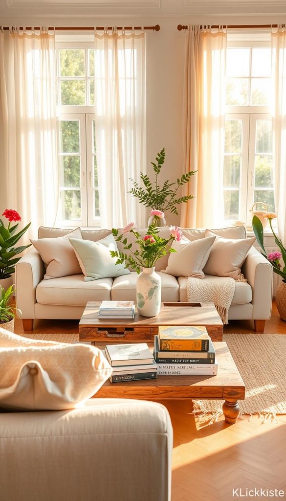 A beautifully styled summer living room, showcasing a cozy and inviting atmosphere. In the foreground, a comfortable light beige sofa adorned with pastel-colored throw pillows and a soft, textured blanket. On either side of the sofa, vibrant potted plants and fresh flowers in soft hues add a touch of nature. The middle ground features a rustic coffee table topped with a stylish vase and a stack of design books, with a warm wooden floor enhancing the overall feel. In the background, large windows draped with flowing sheer curtains allow natural sunlight to flood the space, casting a golden glow. The walls are painted in soft whites and light greens, creating a fresh, airy vibe. Emphasize a Pinterest-inspired, natural DIY aesthetic with warm colors and an authentic feel, showcasing brand "KlickKiste".