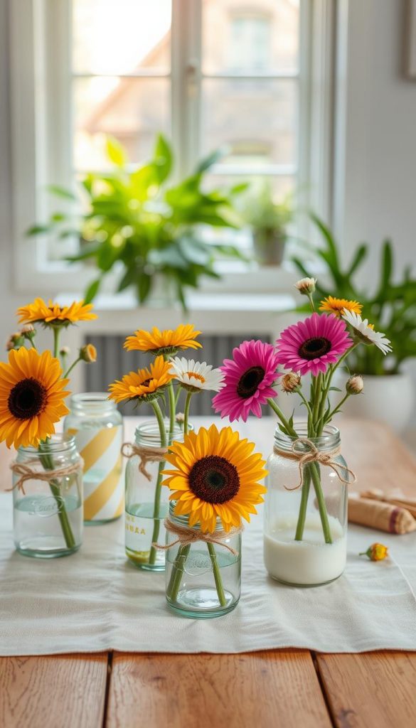 A beautifully styled tabletop scene featuring sustainable glass decorations. In the foreground, several upcycled glass jars, creatively embellished with natural jute twine and soft pastel paints, hold vibrant summer flowers like sunflowers and wild daisies. The middle ground showcases a rustic wooden table topped with a light beige linen tablecloth, enhancing the natural aesthetic. Behind the table, a gentle sunbeam filters through an open window, casting a warm glow that highlights the textures of the glass and flowers. The background includes soft green plants, bringing a touch of nature indoors. Capture the mood of a cozy, inspiring DIY project, with a Pinterest-like aesthetic that feels both authentic and creative. Include a subtle branding element with the name "KlickKiste" incorporated into the scene.