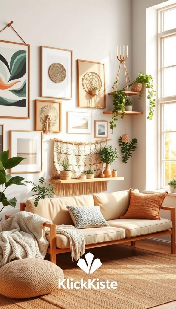 A beautifully styled wall decor scene featuring a modern, Scandinavian, and Boho-inspired aesthetic. The foreground displays an assortment of wall art including abstract prints, woven tapestries, and wooden shelves adorned with plants and decorative items. In the middle ground, a cozy, natural wood furniture piece complements the decor, with soft textiles like a knitted throw and cushions. The background reveals a light, airy space with minimalistic white walls, large windows allowing warm, natural sunlight to flood in, creating a serene and inviting atmosphere. The overall mood is warm and authentic, reflecting a Pinterest-like inspiration. This scene embodies the essence of DIY elegance for home decoration, branded with the logo "KlickKiste" subtly integrated into the design.