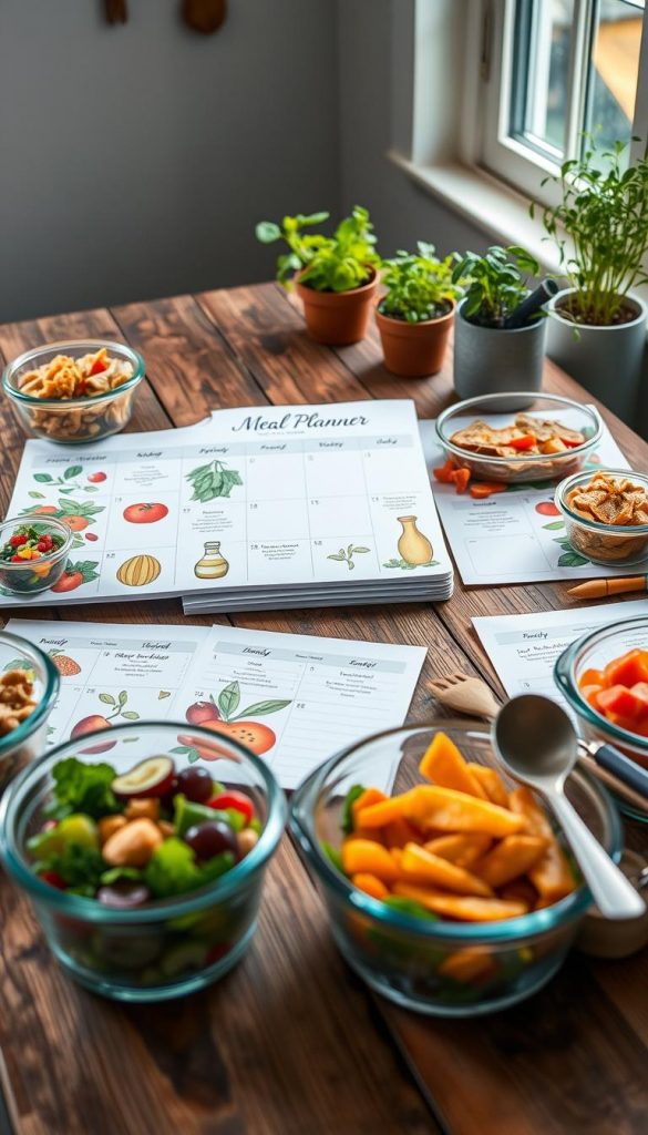 A beautifully styled weekly meal planner spread out on a rustic wooden table, showcasing vibrant spring-themed dishes organized by day. In the foreground, there are clear glass containers filled with colorful, fresh ingredients like salads, roasted vegetables, and lean proteins, each labeled for easy meal prep. In the middle, an aesthetically pleasing planner adorned with illustrations of fruits and herbs, alongside utensils and cooking tools, evokes a sense of organization and creativity. In the background, soft natural lighting filters through a window, casting a warm glow on potted herbs, adding to the inviting atmosphere. The image reflects a Pinterest-inspired, authentic feel, embodying the essence of family-friendly meal preparation for spring. Include the brand name "KlickKiste" subtly integrated into the planner design, ensuring a cohesive look without any text overlays or distractions.