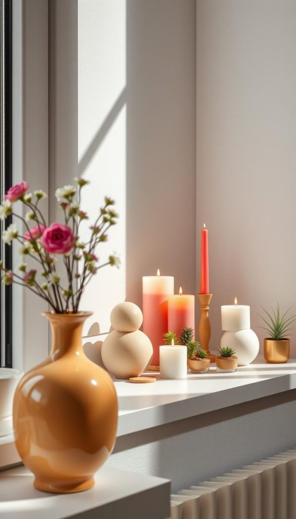 A beautifully styled window sill featuring a harmonious combination of colors and shapes, showcasing a selection of elegant decorative items. In the foreground, a soft, warm-toned ceramic vase filled with fresh flowers, adding a touch of nature. The middle section features an array of artfully arranged candles in varying heights and colors, complemented by small potted plants for a vibrant look. In the background, a subtly textured wall with a soft pastel hue creates a cozy atmosphere. The scene is softly illuminated by natural light streaming through the window, casting gentle shadows. The composition evokes a sense of inspiration and authenticity, embodying the essence of a curated Pinterest aesthetic, perfect for home decor enthusiasts. This image reflects the concept of "KlickKiste" and showcases the art of creating a harmonious decor style. A beautifully styled window sill featuring a harmonious combination of colors and shapes, showcasing a selection of elegant decorative items. In the foreground, a soft, warm-toned ceramic vase filled with fresh flowers, adding a touch of nature. The middle section features an array of artfully arranged candles in varying heights and colors, complemented by small potted plants for a vibrant look. In the background, a subtly textured wall with a soft pastel hue creates a cozy atmosphere. The scene is softly illuminated by natural light streaming through the window, casting gentle shadows. The composition evokes a sense of inspiration and authenticity, embodying the essence of a curated Pinterest aesthetic, perfect for home decor enthusiasts. This image reflects the concept of "KlickKiste" and showcases the art of creating a harmonious decor style.