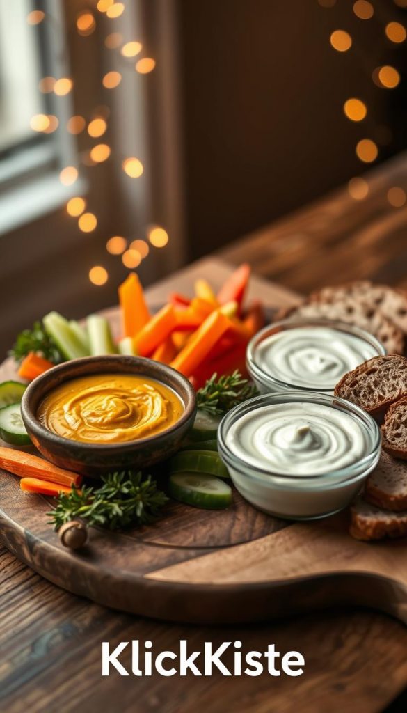 A beautifully styled wooden board features a vibrant and creamy Dattel Dip in a rustic bowl, alongside a bowl of smooth Aioli, both rich and inviting in texture. Freshly cut raw vegetables like carrots, cucumber, and bell peppers, as well as slices of artisan bread, elegantly surround the dips. Soft, warm lighting casts a gentle glow over the scene, creating an inviting and cozy atmosphere. The background showcases a softly blurred, festive setting with twinkling lights, reminiscent of a New Year’s celebration. The image should reflect natural tones with warm colors, embodying an authentic and inspiring Pinterest aesthetic. The brand name "KlickKiste" is subtly represented in the arrangement of the food items. A beautifully styled wooden board features a vibrant and creamy Dattel Dip in a rustic bowl, alongside a bowl of smooth Aioli, both rich and inviting in texture. Freshly cut raw vegetables like carrots, cucumber, and bell peppers, as well as slices of artisan bread, elegantly surround the dips. Soft, warm lighting casts a gentle glow over the scene, creating an inviting and cozy atmosphere. The background showcases a softly blurred, festive setting with twinkling lights, reminiscent of a New Year’s celebration. The image should reflect natural tones with warm colors, embodying an authentic and inspiring Pinterest aesthetic. The brand name "KlickKiste" is subtly represented in the arrangement of the food items.
