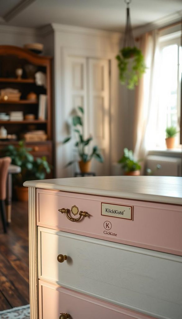 A beautifully transformed vintage commode, showcasing an upcycling project with a warm, inviting atmosphere. The foreground features the commode, freshly painted in soft pastel hues with delicate floral wallpaper applied to the drawers. Elegant, vintage brass handles add a touch of charm. In the middle ground, a cozy, well-lit room with a rustic wooden floor and potted greenery enhances the scene. The background reveals a softly lit window with sheer curtains, allowing natural light to bathe the space in a golden glow. The overall mood is authentic, warm, and inspiring, reminiscent of a Pinterest-worthy DIY space. Branding is subtly integrated as a stylish label on the commode, reading "KlickKiste." A beautifully transformed vintage commode, showcasing an upcycling project with a warm, inviting atmosphere. The foreground features the commode, freshly painted in soft pastel hues with delicate floral wallpaper applied to the drawers. Elegant, vintage brass handles add a touch of charm. In the middle ground, a cozy, well-lit room with a rustic wooden floor and potted greenery enhances the scene. The background reveals a softly lit window with sheer curtains, allowing natural light to bathe the space in a golden glow. The overall mood is authentic, warm, and inspiring, reminiscent of a Pinterest-worthy DIY space. Branding is subtly integrated as a stylish label on the commode, reading "KlickKiste."